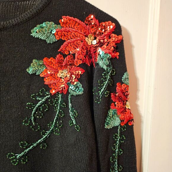Poinsettia Sequin Cardigan Sweater Quacker Factory Black Christmas Small - Picture 3 of 9